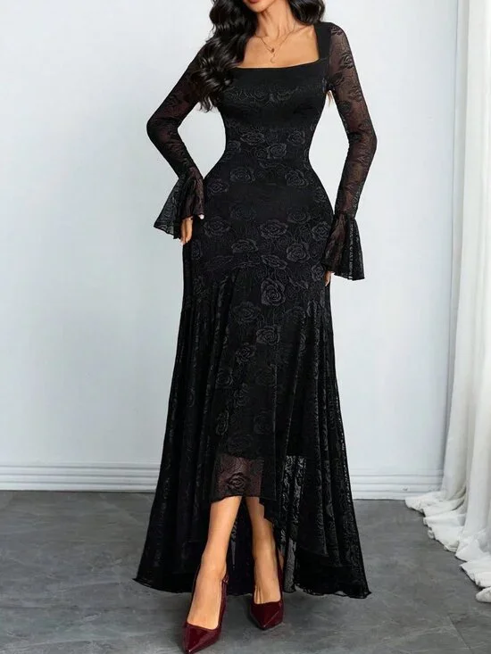 Black Elegant Women's Square Neck Rose Lace Ruffle Sleeve Asymmetric Hem Dress - Picture 5 of 5